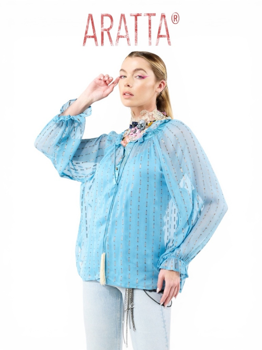 Aratta Sky Blue Sheer Metallic-Strip Maven Blouse size Large NWT.